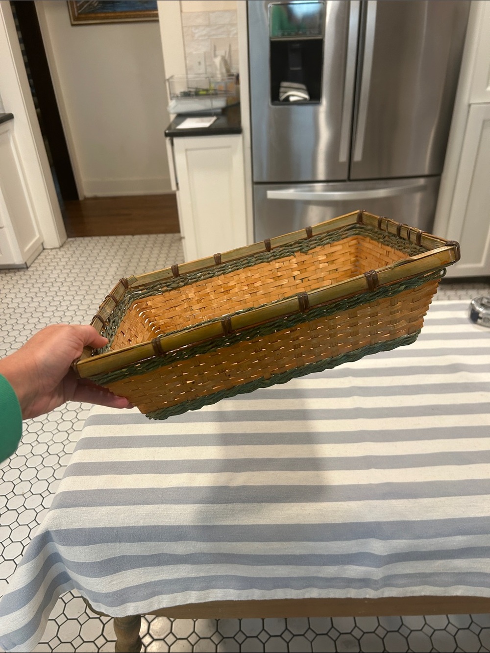 Handwoven Rectangular Bamboo Basket in Natural and Green